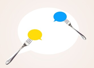 Creative collage of two forks with dialogue bubble
