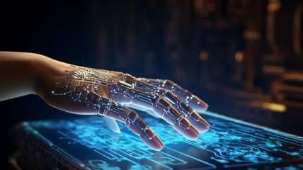 Futuristic abstract image of human hand touching an information digital environment. Hand permeated with digital impulses, in contact with virtual technologies. AI, metaverse, digitalization concept.