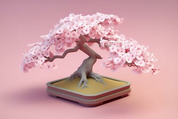 a tiny lovely sakura bonsai tree, 3d isometric reference model. Generative AI