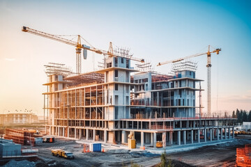Building under construction industrial development. Architecture and design of modern urban environments. Business or residential building being built - obrazy, fototapety, plakaty
