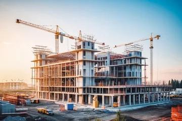 Fotobehang Building under construction industrial development. Architecture and design of modern urban environments. Business or residential building being built © VisualProduction