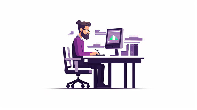 Illustration of a person setting up their business profile on a computer at a desk. appear focused and determined