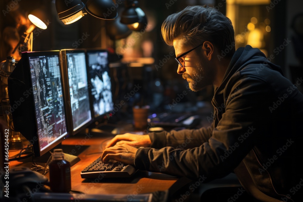 Poster it specialist sits in dark office and looks at several monitors with his hands on the keyboard. youn