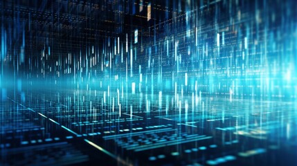 An abstract digital background with binary code and AI algorithms running in the background.
