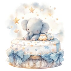 An elephant on a bed with stars and blankets around the circle.