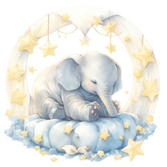 An elephant on a bed with stars and blankets around the circle.