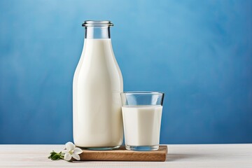 A bottle of milk and a glass of milk on a wooden table on a blue background.