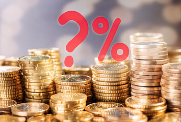 What is the interest rate? Coins, percent signs and question marks. - 664504824