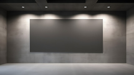 Modern museum or exhibition hall interior with illuminated empty black mock up banner on concrete wall. 3D Rendering.