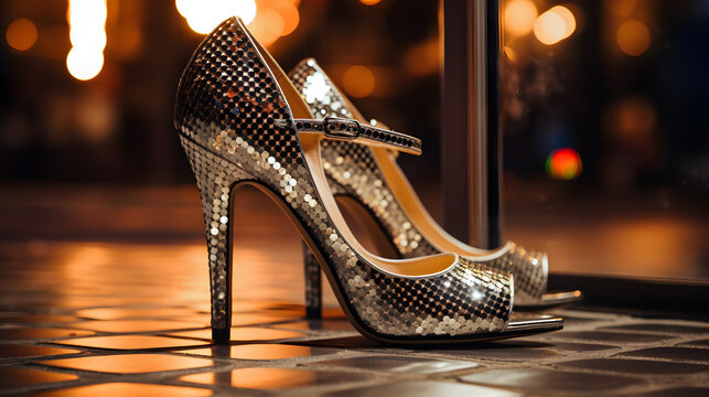 A pair of peep-toe silver and gold high heel pumps sitting on a tiled floor