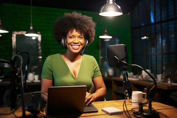 Young beautiful African American woman wearing headphones in a recording studio. Smiling black lady recording news, podcast or blog using microphone, laptop and professional studio equipment. - obrazy, fototapety, plakaty