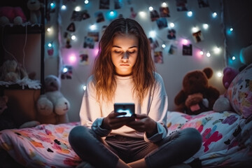 Teens and cyber bullying. Upset teen girl sitting on floor in her bedroom holding a phone. Being bullied on the internet in cyber space. - obrazy, fototapety, plakaty