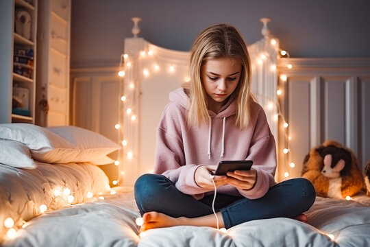 Teens and cyber bullying. Upset teen girl sitting on floor in her bedroom holding a phone. Being bullied on the internet in cyber space.