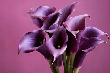 Bouquet of purple calla lilies against purple background.