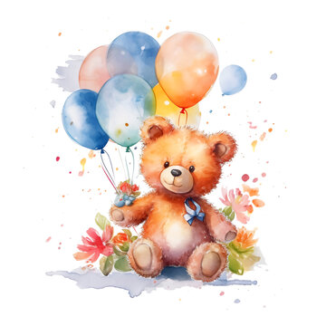 Watercolor bear painted  illustration with balloons