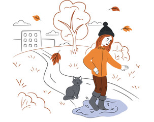 Girl walks with cat in an autumn park. Happy autumn girl walking. Outdoor activity concept. Flat Vector Illustration