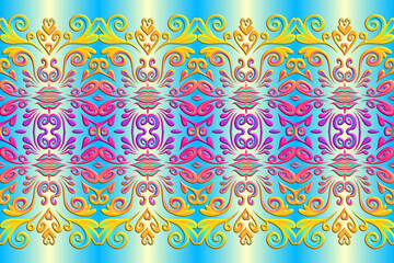 3D emboss Seamless luxurious batik ethnic dayak traditional Java indonesia with beautiful flowers line art gradient design 
 