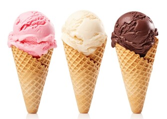 Chocolate, vanilla and strawberry Ice cream in the cone on white background.