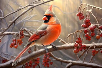 A cardinal perched on a tree branch in late winter. - Powered by Adobe