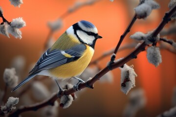 Fototapeta premium Bird Blue Tit in forest, snowflakes and nice lichen branch.
