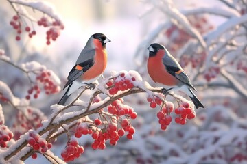 The bullfinch bird sits on a bunch of red rowan berries, - obrazy, fototapety, plakaty