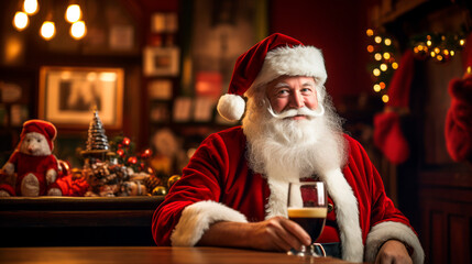 a Santa Claus relaxes in the pub decorated for the Christmas holidays drinking a beer