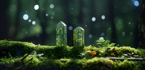 Crystals with moon phases image of moss in a mysterious forest, natural background.