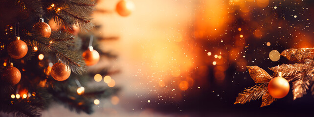 Festive winter christmas festive background with christmas tree christmas ornaments and background with blurred bokeh