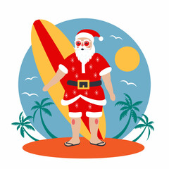 Santa Claus with a surfboard in summer on a tropical beach on vacation. Celebrates New Year and Christmas in warm climates. Postcard as a gift.
