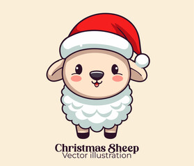Vector cute sheep with Santa hat for Happy winter holiday, Animal Christmas cartoon character