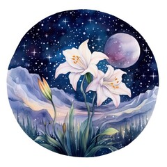 Watercolor fairy lilies blooming under a starry night sky on a white background.