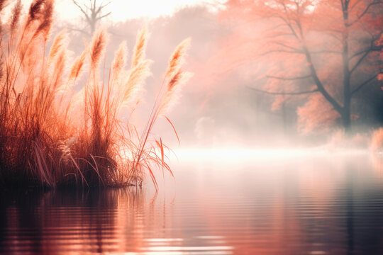 Dreamy Autumn Landscape. Fluffy Cattail Plants By The Foggy Gloomy Lake. Beautiful Minimalistic Wallpaper. Ai Generated

