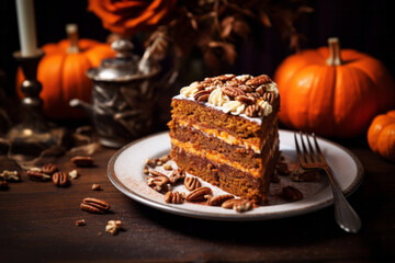 Delicious pumpkin cake with creamy filling and pecan nuts on white plate in rustic kitchen interior. Homemade pastry concept - obrazy, fototapety, plakaty
