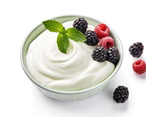 Green bowl of greek yogurt and fresh berries isolated on white background.