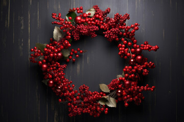 Christmas wreath with red berries and eucalyptus leaves on white background. Happy holiday concept