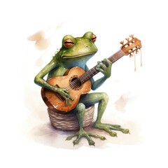 Naklejka premium Watercolor green frog playing a tiny musical instrument on white background.