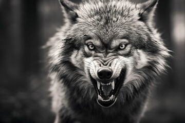 Greyscale closeup shot of an angry wolf with a blurred background.