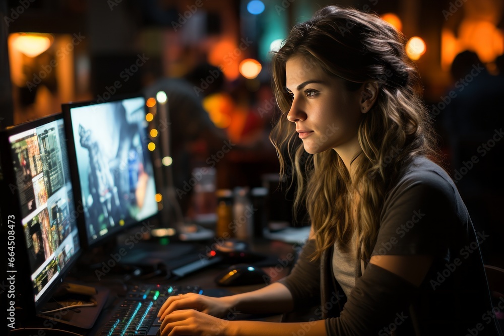 Poster female it specialist sits in a dark office and looks at several monitors with her hands on the keybo