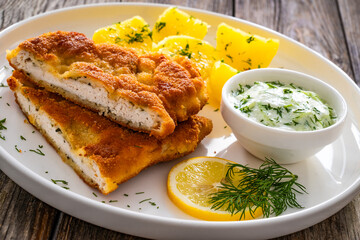 Crispy breaded seared chicken cutlet with boiled potatoes and cucumbers in cream on wooden table

