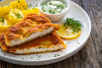 Crispy breaded seared chicken cutlet with boiled potatoes and cucumbers in cream on wooden table
