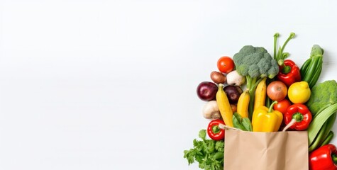 Healthy food in paper bag vegetables and fruits on white background.
