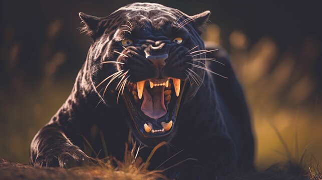 AI generated illustration of A stunning black jaguar captured in mid-run in a vast open field