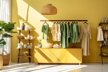 Interior of a cozy bright boutique of women's clothing and accessories. Beautiful women's wardrobe. Collection of summer dresses hanging on a rack in the showroom. Beauty and fashion industry.