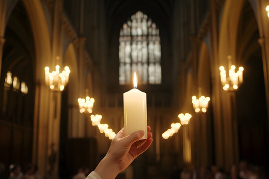 A devout hand holds a burning candle in a grand cathedral, illuminating a religious service filled with worshippers. Concept of faith, religion, Candlemas Day