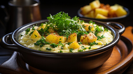 A vibrant bowl of creamy corn chowder garnished with fresh chives, inviting comfort on a cold winter's day