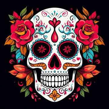 Mexican roses skull. Mexican roses skull. Dia de los muertos shugar colorful head.