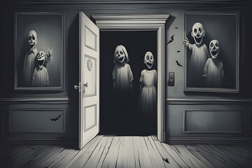 inside a haunted house, with terrifying ghosts looking at the doors