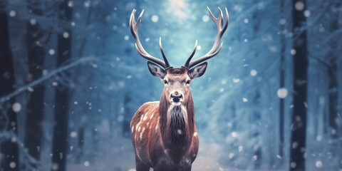Noble deer male in the winter snow forest. Artistic winter Christmas landscape.