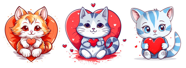 Cute cat with love heart cartoon illustration set