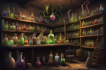 interior of a mad scientist's laboratory, with all its chemical apparatus, fictional laboratory